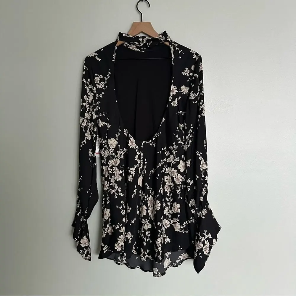 Free People Revolve Aries Long Sleeve Floral Printed Open Back Mini Dress